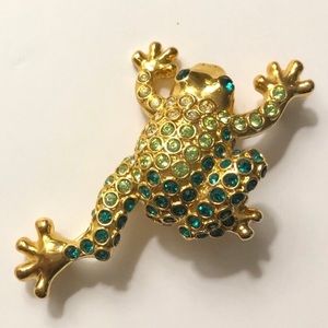 Monet frog rhinestone pin brooch vintage gold